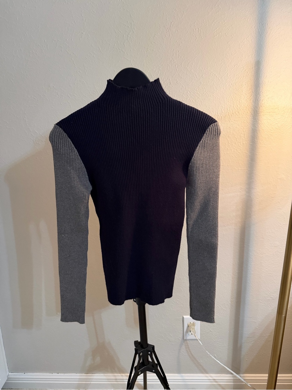 Women’s Ribbed Two-Tone Mock Neck Sweater - Navy and Gray